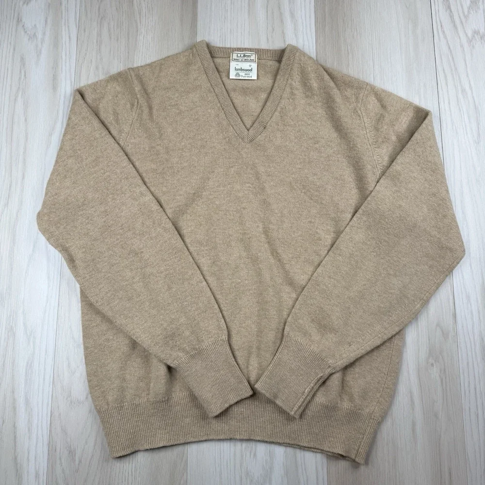 Vintage LL Bean Mens V-Neck Sweater  Lambswool Made in England Size XL Brown